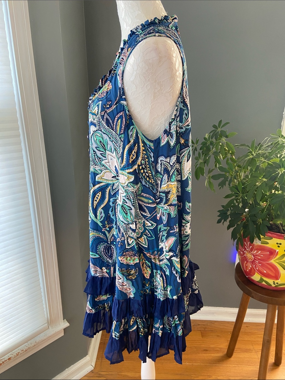 Papillon Blue Floral Tiered Swing Dress Size Large - Picture 5 of 7